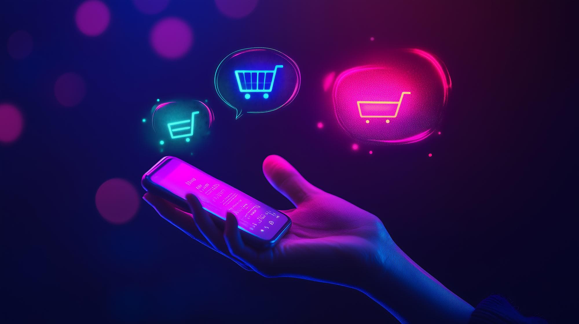 Hand holding a smartphone with shopping cart icons floating around