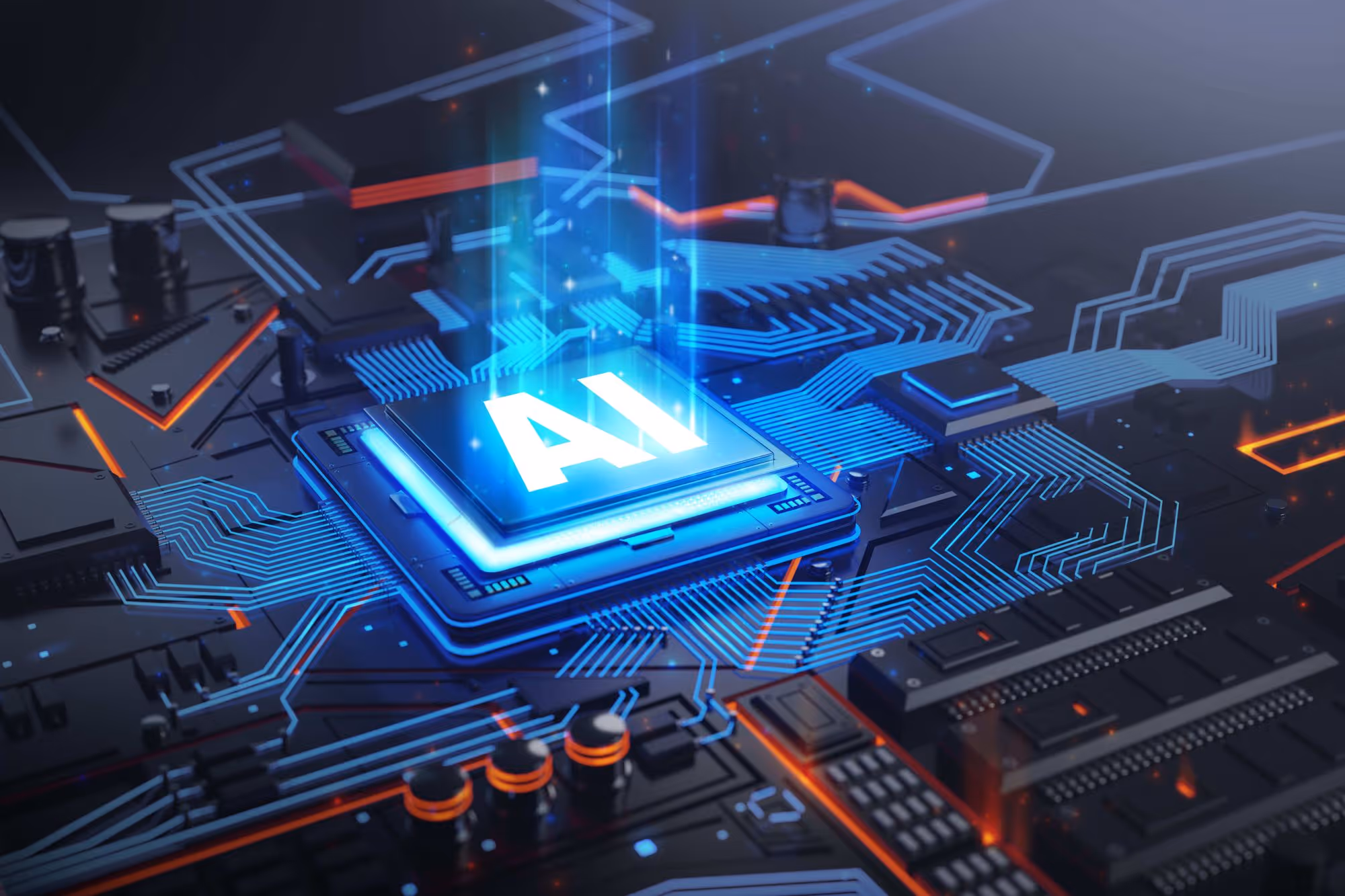 Glowing AI chip on a futuristic circuit board with blue and orange illuminated pathways.
